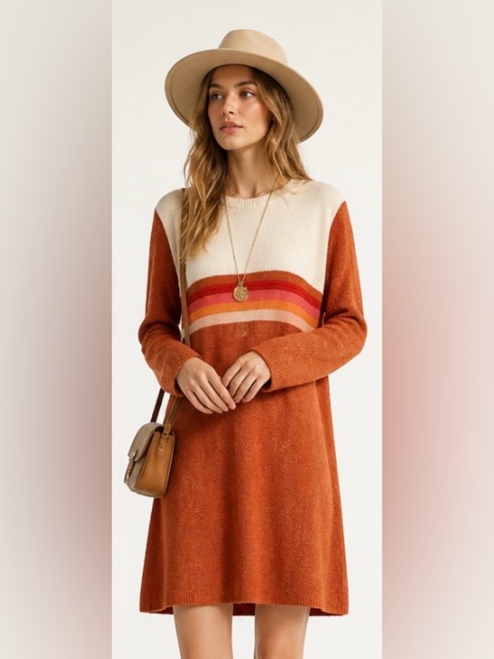 FREE PEOPLE Sweater Dress Mini Striped Linen Cotton Colorblock Retro Boho S